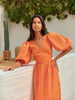 100% Cotton V-neck Waist Cinched Dress Unique Lantern Sleeve Sexy Slit Long Skirt Women's Casual Dresses