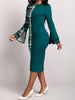 Women's Dress Plaid Patchwork Green Round Neck Tight Dress, No Belt