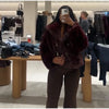 Elegant PU Fur Patchwork Jacket Women Loose Detachable Collar Lapel Double Breasted Jackets Female Winter Warm Outwear