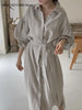 Women's Spring and Autumn Bubble Sleeve Casual Loose Straight Vintage Button Decorative Shirt Long Dress
