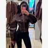 Retro Solid Lace Up Leather Short Jackets Women Chic Lapel V-neck Waist Cinching Cropped Jackets Lady Daily High Street Outwear