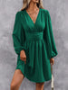Dresses Woman Clothing V Neck Lantern Sleeve Wrap Mini Dress Ruched Waist Flowy Hem Elegant for Autumn and Party Styles