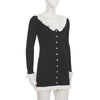 Elegant Ruffle Knitted Mini Dress Women Patchwork V Neck Long Sleeve Slim Short Dress Autumn Vintage Evening Party Vestidos