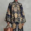Women Flare Sleeve Printed 2 Piece Sets Stand Collar Loose Blouse High Waist Wide Leg Pants Suit Boho Solid Resort Casual Outfit