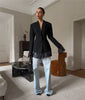One Button Lace Blazer Women Black Slim V-neck Full Sleeve Shoulder Pads Jacket Fall Office Lady All-match Outwear