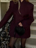 Chic Burgundy Blazer Mini Dress Women Full Sleeve Waist Cinching Slim Short Dresses Lady Daily Commute Vestidos
