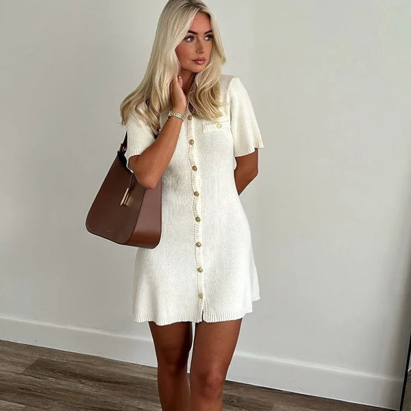White Elegant Knitted Mini Dress For Women Metal Button Sexy Slim Rib Sweater Dress Holiday Party Outfits Autumn