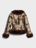 Women Vintage Floral Jacquard Short Jacket Faux‑fur Trim V‑neck Long Sleeve Coat Autumn Winter Lady Daily Outfits