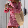 Women Vintage Striped Knitted Mini Dress Y2K Long Sleeve Crewneck Slim Short Sweater Dress Elegant Ladies Holiday Beachwear