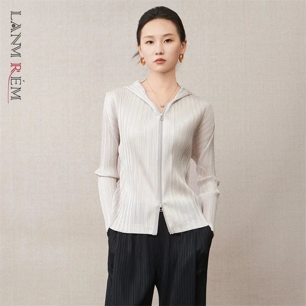 Casual Zipper Hooded Pleated Women's Jacket Spring Loose Solid Color Zipper Design Niche Cardigan Coat 2DB6163