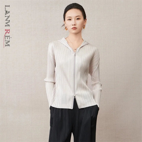 Casual Zipper Hooded Pleated Women's Jacket Spring Loose Solid Color Zipper Design Niche Cardigan Coat 2DB6163