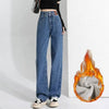 Woman Korean Double Buckle Design Jeans Female Winter Snow Warm Thermal Plush Pants Girls High Waist Denim Trousers
