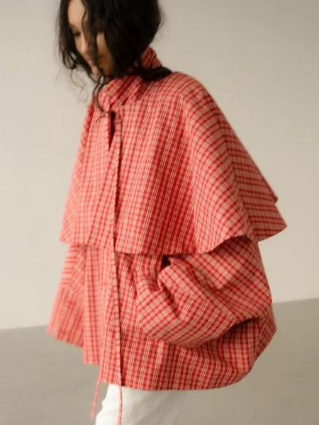 Chic checkered Stand Up Collar Windbreaker Women Casual Long Sleeve Single Breasted Loose Coat Spring Lady Daily Jacket