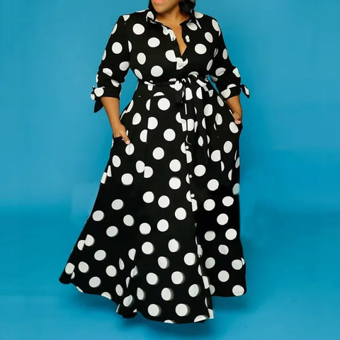 Plus Size Women Shirt Dress Long Sleeve Spring A-Line Polk Dot Print Elegant Casual Pockets Lace Up Dress Vestido