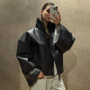 Autumn Women Croc Embossed PU Leather Jacket High Neck Zip Up Oversize Loose Cropped Coat Long Sleeve Street Lady Outerwear