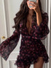 Women Elegant Flora Painted Ruffle Mini Dress Chic Full Sleeve Deep V-neck Slim A-line Dresses Lady Vacation Street Gowns