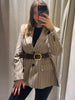 Women's Striped Blazer Belted Single Breasted Long Sleeve Lapel Neck Coat Female Casual Daily Commute Office Jacket