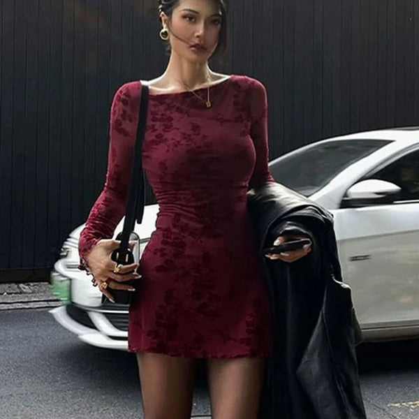 Sexy Wine Red Dresses Women Autumn O-Neck Streetwear Print Long Sleeves Dresses Lady Knitted Pullover Clothing Dress