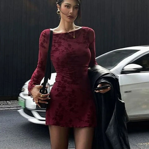 Sexy Wine Red Dresses Women Autumn O-Neck Streetwear Print Long Sleeves Dresses Lady Knitted Pullover Clothing Dress