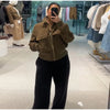 Women's Cropped Bomber Jacket Stand Collar Zipper Patch Pocket Rib Trim Long Sleeve Short Coat Vintage Autumn Casual Outfit
