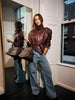 Beige Croc Leather Cropped Jacket Y2k Stand Collar Long Sleeve Wide Cuff Oversize Coat Autumn Street Daily Casual Outerwear
