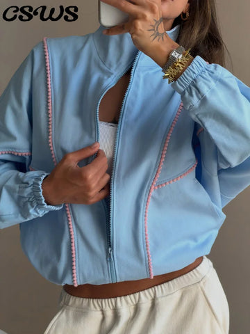 Elegant Contrast Stand Collar Jacket Women Blue Full Sleeve Patchwork Zipper Jackets Female Autumn Outwear Lady