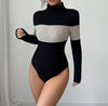 Women's High-Neck Patchwork Long Sleeve Fitted Bodycon Colorblock Fall/Winter Base Layer Skirt Dress