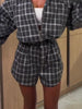 Casual Plaid Shorts Set Women Lapel Long-sleeved Zipper Jacket Short Pants Sets Lady Spring Daily Street Outfits