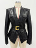 High Street Designer Jacket Women's Belt Slim Fitting Leather Button Pocket Decoration Artificial Leather Blazer