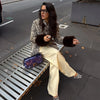 Women Chic Cropped Leopard Faux Fur Coat Contrast Black Fur Collar Cuff Button Short Furry Coats Lady Winter Chic Streetwear