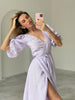 100% Cotton V-neck Waist Cinched Dress Unique Lantern Sleeve Sexy Slit Long Skirt Women's Casual Dresses