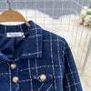 Autumn Dress Suit Women Korean Chic Blue Tweed Jacket + Vest Dress Elegant 2 Piece Set Long Sleeve Cropped Coat