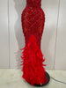 Sparkly Red Rhinestones Feather Sexy Mesh See Through Long Dress Women Birthday Evening Nightclub DJ Dancer Stage Costume