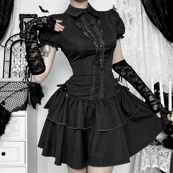 American Gothic Dark Y2K Vintage Dress Women Aesthetic Streetwear Harajuku Grunge Lace Patchwork High Waist Bow Party Dress