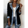 Women Ribbed Denim Patchwork Blazer Lapel Long Sleeve Single Button Casual Mid Length Jacket Ladies Spring Autumn Outerwear