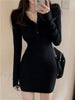 Autumn Winter Mini Dress Women V Neck Button Sexy Sweater Elegant Bodycon Dresses Long Sleeve Robe Short Skirt Waist Solid