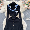 Autumn Winter Wear Dress Women Polo Single Breasted Pocket Design Bodycon Knitting Temperament Sweater Long Dresses