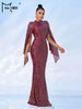Elegant Apricot Sequin Muslim Party Dress Women Split Sleeve High Neck Bodycon Dubai Evening Dresses Prom Gown