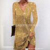 Women's Silver Sequins Evening Dress Long Sleeve Solid V Neck Sparkly Party Mini Dress Elegant Autumn Prom Dresses