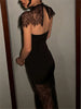 Elegant Lace Printed Long Dress For Women See-Through Turtleneck Patchwork Bandeau Party Dress Female Spring Maxi Dress