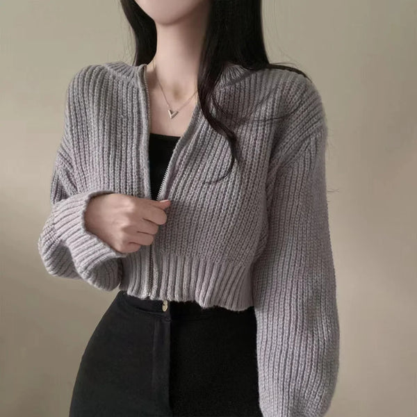 Short Sweater Zipper O-neck Knitted Cardigan Coat Casual Basic Solid Black Women Clothes Winter All-match Thick Lady