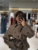 Women Short Trench Coat Jacket Plaid Lapel Double Breasted Belted Waist Loose Long Sleeve Checkered Cropped Lady Autumn Coat