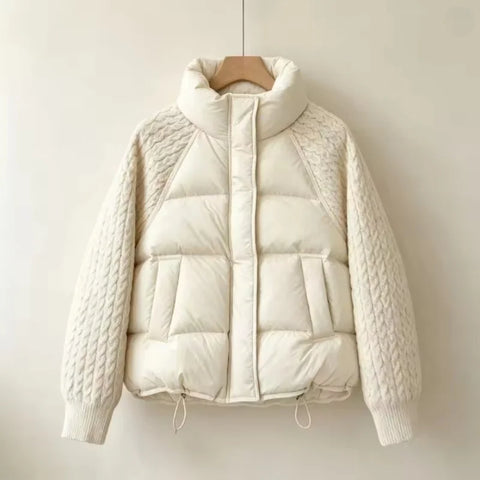 Winter Turtleneck Down Cotton Jacket Women Patchwork Knitted Warm Drawstring Short Puffer Coat Female Parkas