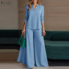 Women 2 Piece Pant Sets Minimalist V-Neck Long Sleeve Blouses and Wide Leg Pants Suits Commuting Woman Outfits