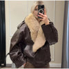 Ladies Winter Retro Fur Collar Leather Jacket V‑Neck Full Lapel Long Sleeve Double Breasted Urban Warm Casual Outer