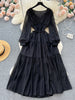 Vintage Chiffon Long Dress Women Elegant V-neck Long Sleeved Casual Dresses French Pleated Slim A-line Long Robe Vestidos