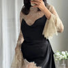 Elegant Lace Patchwork Short Dress Women See Through High Collar Flare Sleeve Party Dresses Autumn Lady Evening Robes