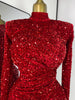 Special Occassion Dress Women Red Sparkly Sequines Long Sleeve Turtleneck Drapped Asymmetric Bodycon Mini Birthday Evening Dress