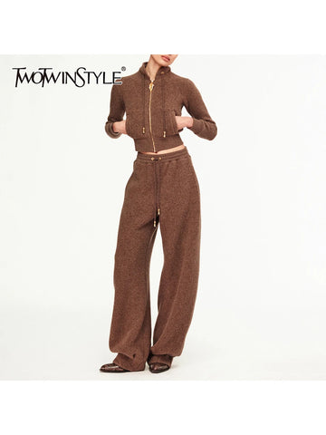 Loose Casual Two Piece Sets for Women Stand Neck Long Sleeves Short Top High Waist Pant Spliced Lace Up Set Female
