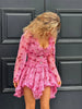 Women Elegant Floral A-line Pleated Dress Sexy Long-sleeved Waist Cinching Ruffle Mini Dresses Lady Vacation Street Gowns